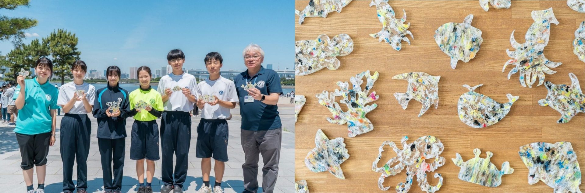 拾ったゴミを生徒の皆さんが描いた海の生き物の形に固めて水族館の飾りとしてアップサイクル